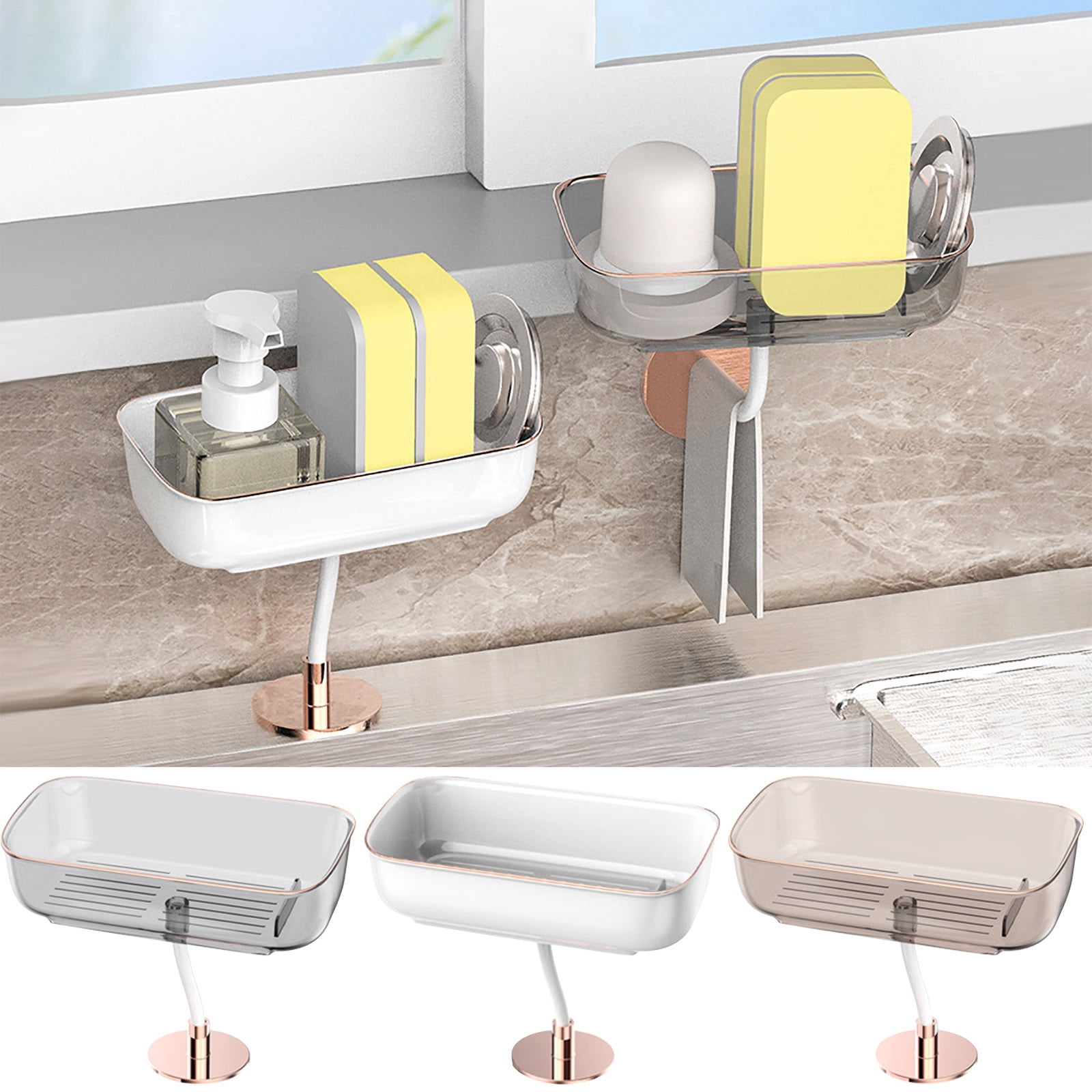 Kitchen Countertop Sponge Holder, Plastic Dish Soap Organizer, Basket