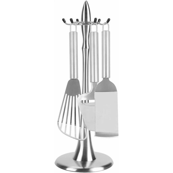 Kitchen Countertop Utensil Holder, 17 inch Stainless Steel Cooking Utensil Hanging Organizer with 6 Hooks, Rotating Kitchen Storage Stand Rack for Spoon, Spatula, Soup Ladle, Skimmer