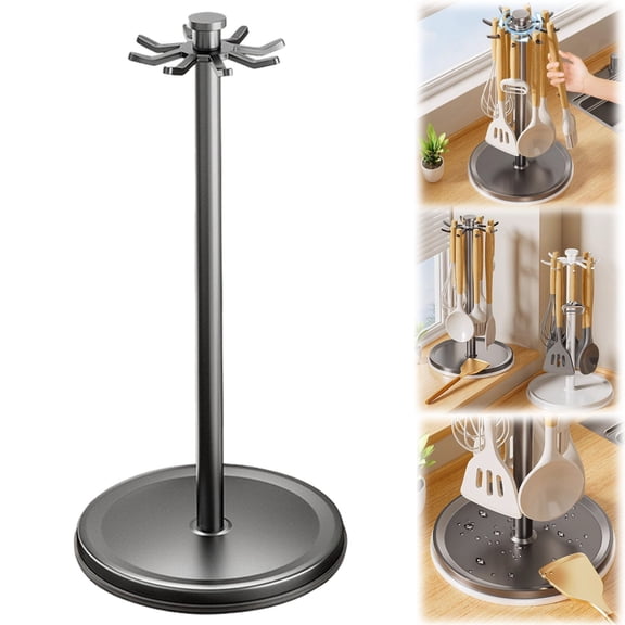 Kitchen Countertop Utensil Holder, Rotatable Cooking Utensils Holder with 8 Rotating Hooks, Space Saving Organizer, Kitchen Counter Storage Rack for Spoons, Spatulas, Ladles, Cooking Tools