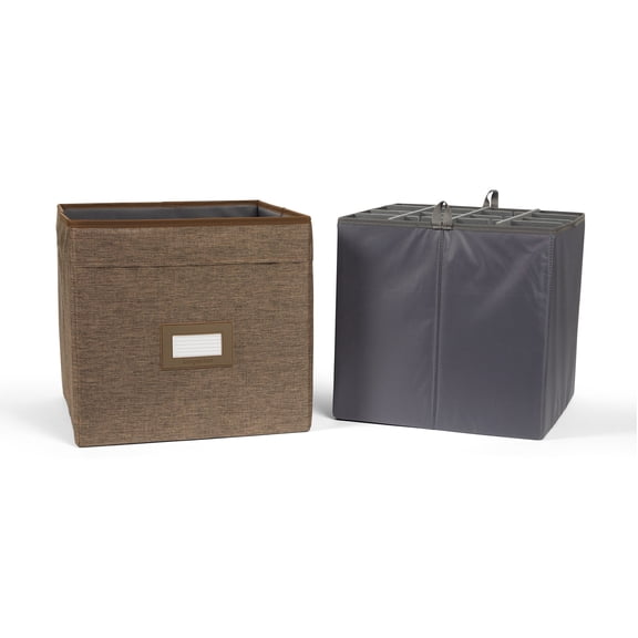 Kitchen Cube Glassware Storage Bin - Durable Polyester, Adjustable Compartments, Sturdy Interior Walls, ID Window, Kitchen Storage, Brown Heather