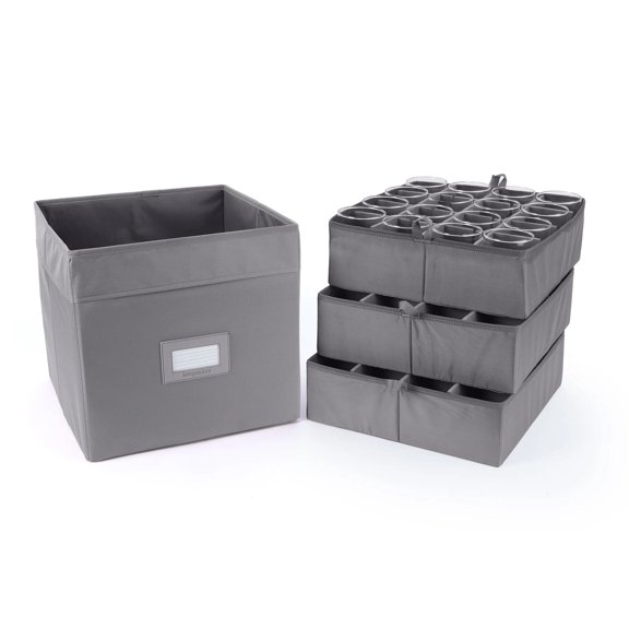 Kitchen Cube Glassware Storage Bin - Durable Polyester, Adjustable Compartments, Sturdy Interior Walls, ID Window, Kitchen Storage, Graphite