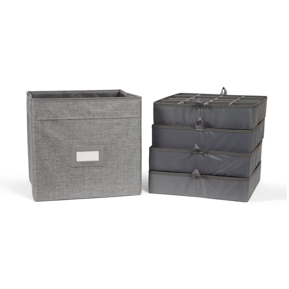 Kitchen Cube Glassware Storage Bin - Durable Polyester, Adjustable Compartments, Sturdy Interior Walls, ID Window, Kitchen Storage, Grey Heather