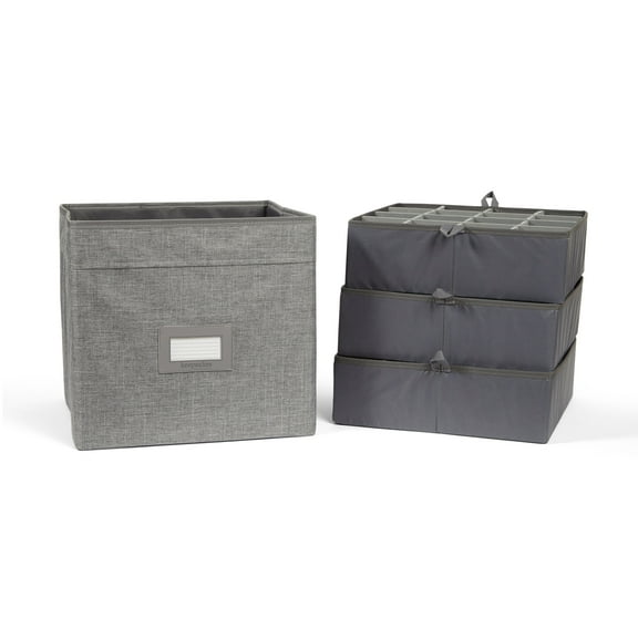 Kitchen Cube Glassware Storage Bin - Durable Polyester, Adjustable Compartments, Sturdy Interior Walls, ID Window, Kitchen Storage, Grey Heather