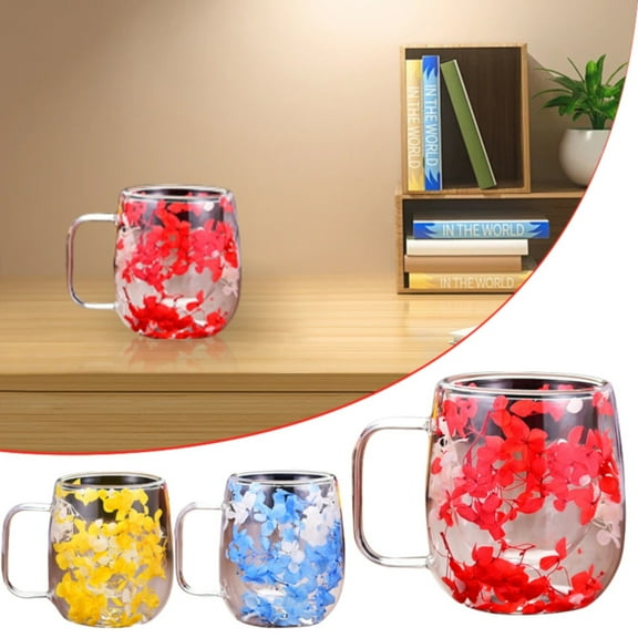 200ml Dried Flowers Glass Cup, Double Walled Coffee Mug with Red Petals, for Juice, Coffee, or Tea Lover, Model A