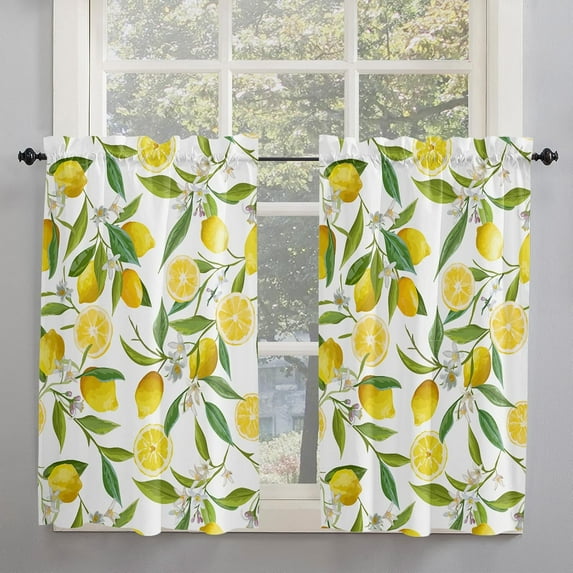 Kitchen Curtain 2 Panels Curtains 54 Inch Length, Lemon Curtains Rod Pocket Curtains Window Drapes Treatment Window Cafe Curtains Summer Garden Fruit Lemon Slice and Leaves