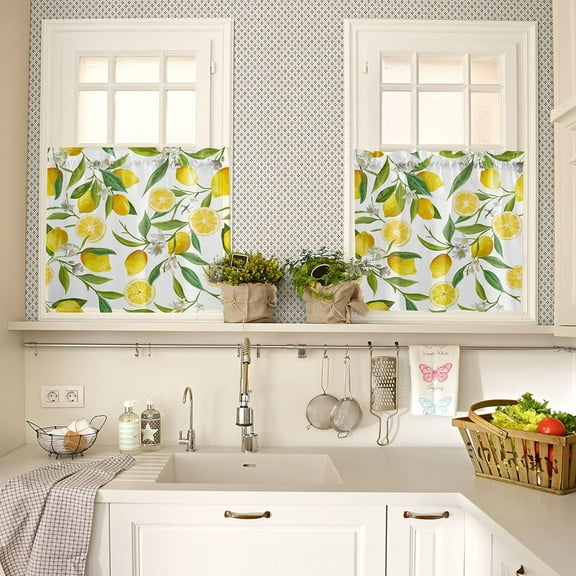 Kitchen Curtain 2 Panels Tiers Curtains 24 Inch Length, Lemon Curtains Rod Pocket Curtains Window Drapes Treatment Window Cafe Curtains Summer Garden Fruit Lemon Slice and Leaves