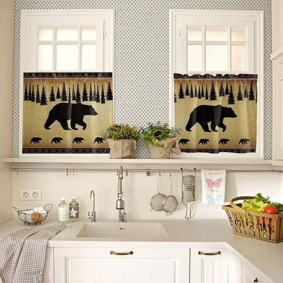 Kitchen Curtain 2 Panels Tiers Curtains 24 Inch Length, Polar Bears Pine Tree, Curtains Rod Pocket Curtains Window Drapes Treatment Window Cafe Curtains Rural Farm Farmhouse