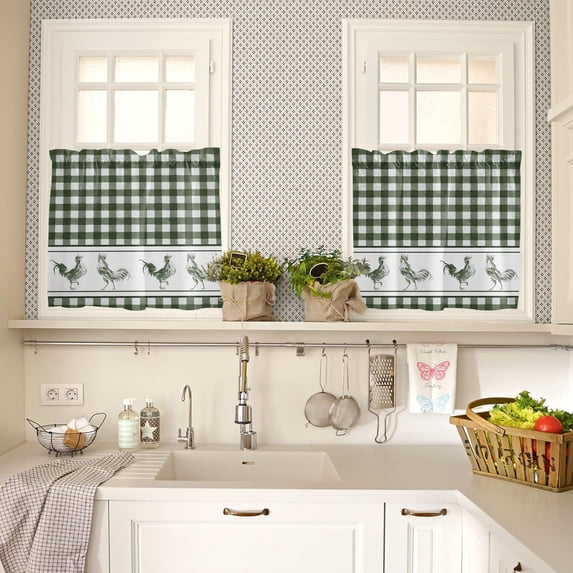 Kitchen Curtain 2 Panels Tiers Curtains 36 Inch Length, Farmhouse Rooster Checkered Curtains Rod Pocket Curtains Window Drapes Treatment Window Cafe Curtains Watercolor Green and White Plaid 27.5x36x2