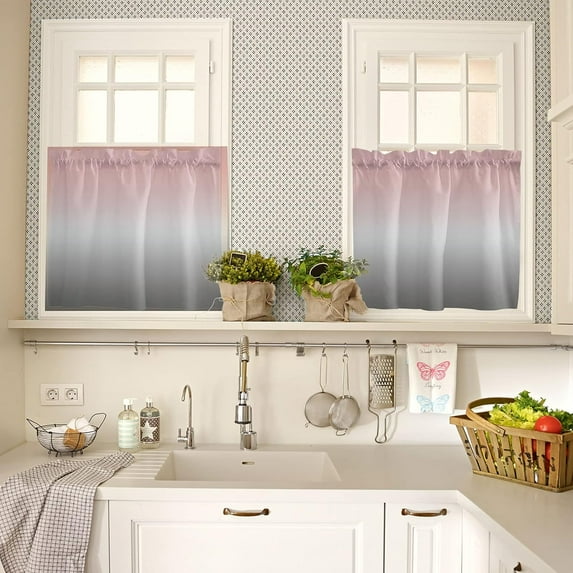 Kitchen Curtain 2 Panels Tiers Curtains 36 Inch Length, Ombre, Curtains Rod Pocket Curtains Window Drapes Treatment Window Cafe Curtains Gradient Pink and Grey