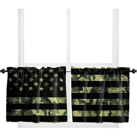 Kitchen Curtain 24 Inch Length, Green Camouflage American Flag, Small Short Cafe Tiers Curtains Drape, 2 Panels Window Treatment Rod Pocket Drapery Curtains 27.5x24