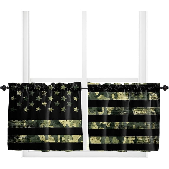 Kitchen Curtain 36 Inch Length, Green Camouflage American Flag, Small Short Cafe Tiers Curtains Drape, 2 Panels Window Treatment Rod Pocket Drapery Curtains 27.5x36