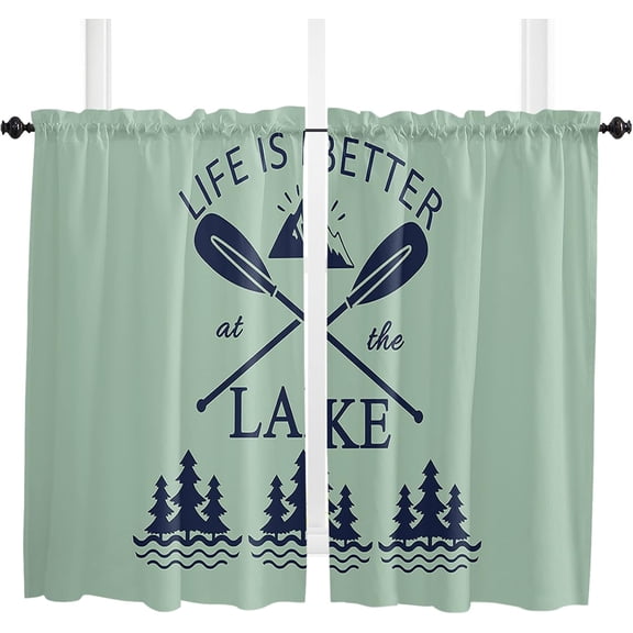 Kitchen Curtain 39 Inch Length, Green Lake Oar, Small Short Cafe Tiers Curtains Drape, Plant Tree and Mountain, 2 Panel Window Treatment Rod Pocket Drapery Panels Curtains 27.5x39