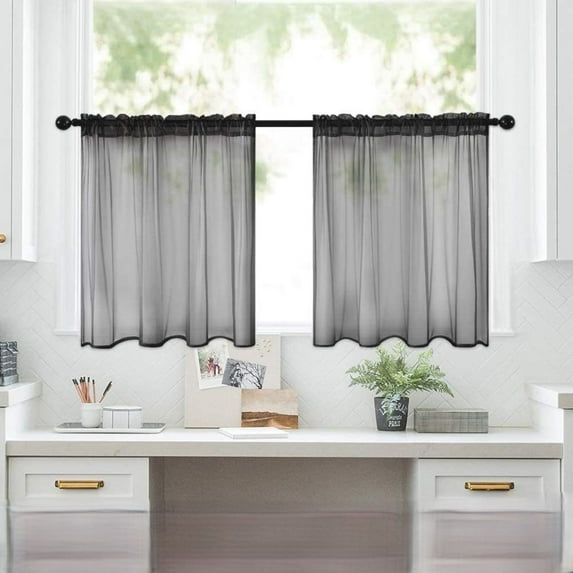 Kitchen Curtain Faux Linen Sheer Curtains Voile 36 inch Length Rod Pocket Small Half Window Treatment Set Short Tier Cafe Curtain