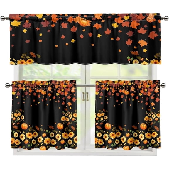 Kitchen Curtain Set 3Pcs Fall Leaf Pumpkin Coffee Curtain Blackout Valance Curtain and Tier with Rod Pocket for Kitchen Window Living Room S