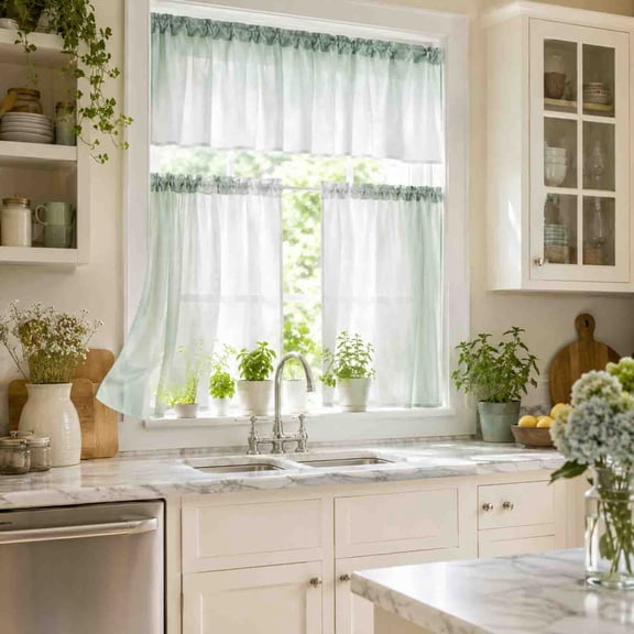 Kitchen Curtain Set, Green Window Panel, Coffee Corner Drape, Cuts Glare and Maintains Room Warmth for Kitchen Sash, Basement Window, and Coffee Station.