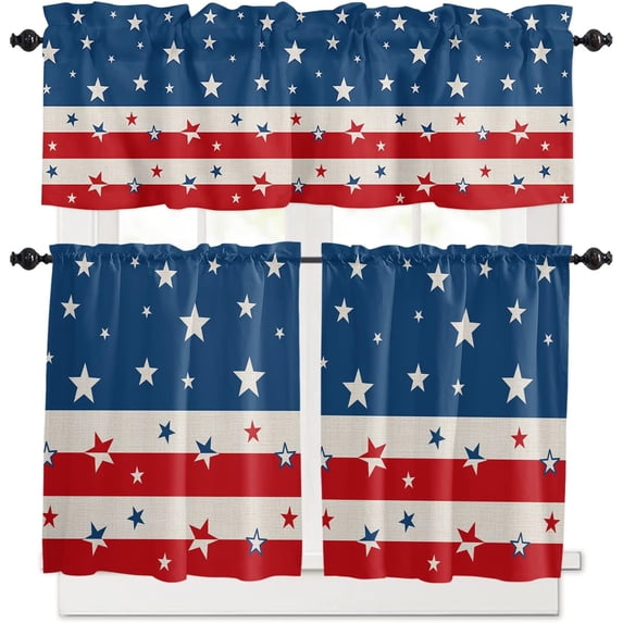 Kitchen Curtain Set Patriotic Stars Rod Pocket Kitchen Curtains Tier and Valance Set 3 Piece Red White Blue Stripes Window Curtain Set for July 4th, American Independence Day Memorial Day 54x36 Inch