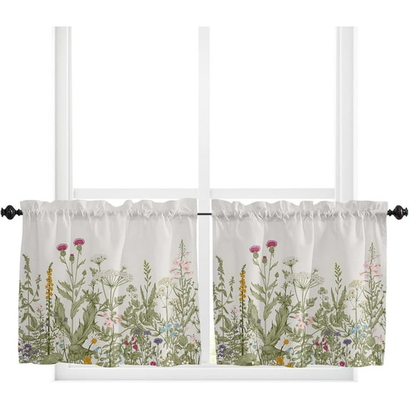 Kitchen Curtain Tiers Valance, Dandelion Flower Leaves Vintage Spring Daisy Watercolor Floral Botanical Short Rod Pocket Window Curtain for Bedroom, Bathroom, 2 Panel, 27.5" W x24 L