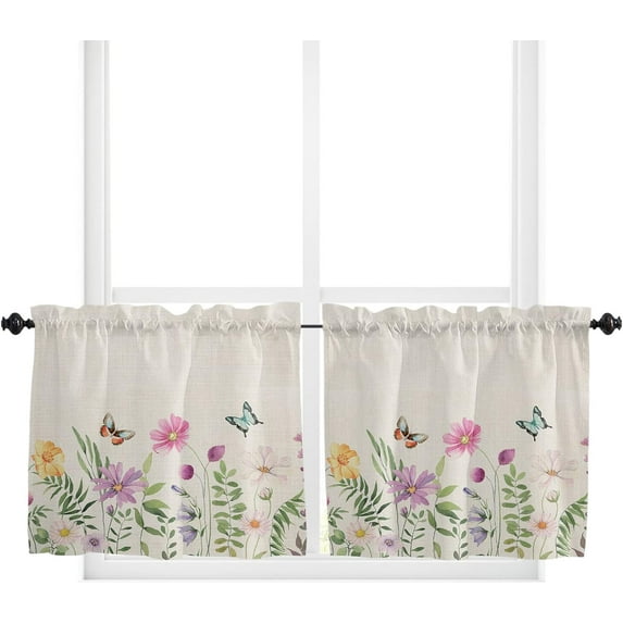 Kitchen Curtain Tiers Valance, Flower Leaves Spring Watercolor Floral Vintage Botanical Short Rod Pocket Window Curtain for Bedroom, Bathroom, 2 Panel, 27.5" W x36 L