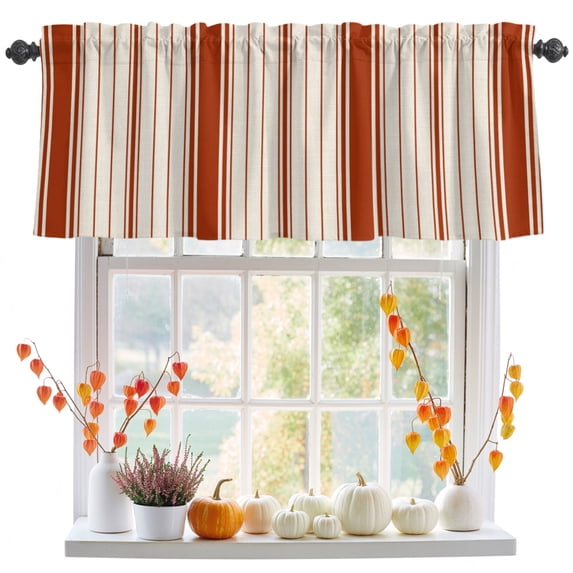Kitchen Curtain Valance 54"x18",Blackout Rod Pocket Valances Modern Minimalist Red Stripes Small Window Treatment Panel for Living Room Bedroom Bathroom Windows,Farmhouse Line on Beige