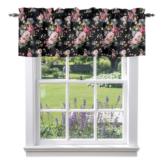 Kitchen Curtain Valance 54"x18",Blackout Rod Pocket Valances Pastoral Rose Gradient Pink Small Window Treatment Panel for Living Room Bedroom Bathroom Windows,Farmhouse Floral on Black