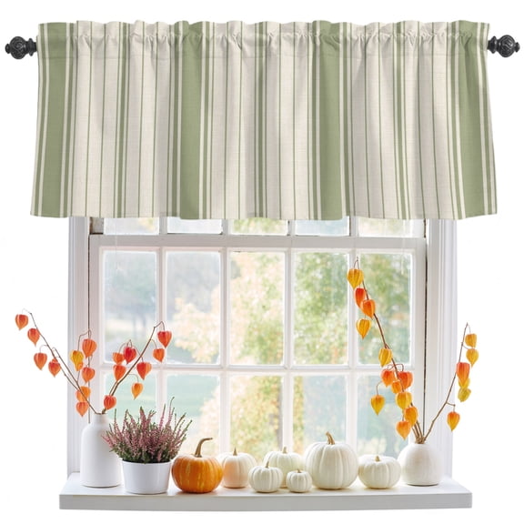 Kitchen Curtain Valance 54"x18",Blackout Rod Pocket Valances Rustic Sage Green Stripe on Linen Small Window Treatment Panel for Living Room Bedroom Bathroom Windows,Minimalist Line Texture