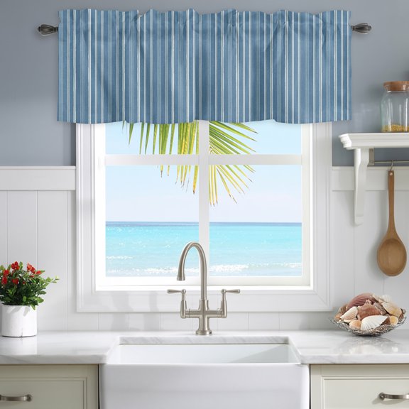 Kitchen Curtain Valance Blue White Vertical Stripes Light Filtering Rod Pocket Window Valances,Pinstripe Pattern Small Windows Treatment Panel for Living Room Bedroom Bathroom,54"x18"