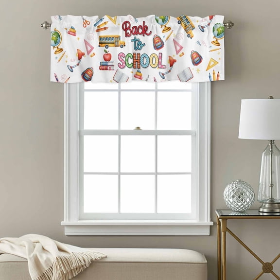 Kitchen Curtain Valance Bus Bag Globe Crayon Desklamp Rod Pocket Window Valances,Back to School Season Small Windows Treatment for Living Room Bedroom,54"x18"