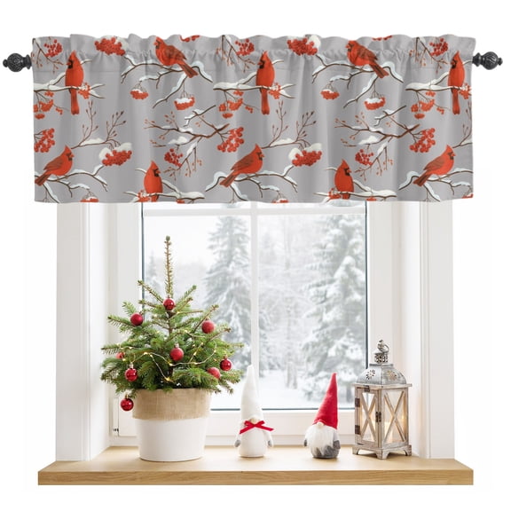 Kitchen Curtain Valance Christmas Cardinal Winter Snowflake Light Filtering Rod Pocket Window Valances,Country Berry on Gray Small Windows Treatment Panel for Living Room Bedroom Bathroom,54"x18"