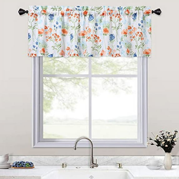 Kitchen Curtain Valance, Floral Print Valance Curtains, Leaf Flower Design Curtain for Bathroom Rod Pocket Cafe Curtains, 54" x 15",Orange/Navy/Green, One Panel
