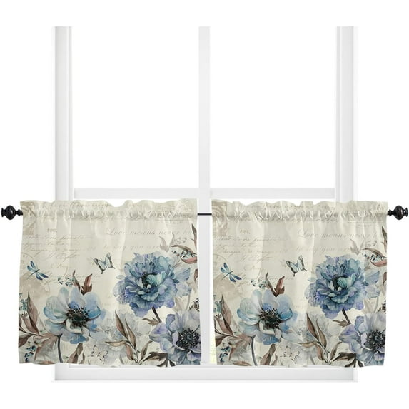 Kitchen Curtain Valance, Flower Butterfly Dragonfly Vintage Blue Floral Spring Summer Short Rod Pocket Window Curtain Tiers for Bedroom, Bathroom, 2 Panel, 27.5" W x24 L