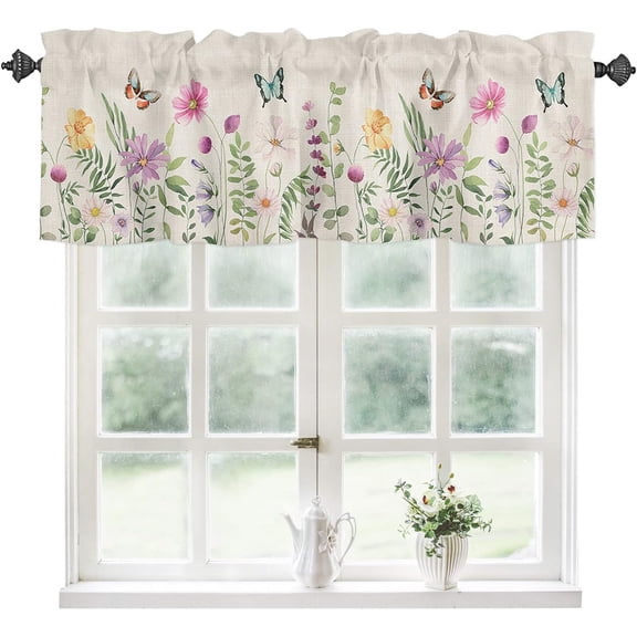 Kitchen Curtain Valance, Flower Leaves Spring Watercolor Floral Vintage Botanical Short Rod Pocket Window Curtain for Bedroom, Bathroom, 1 Panel, 54" W x 18" L