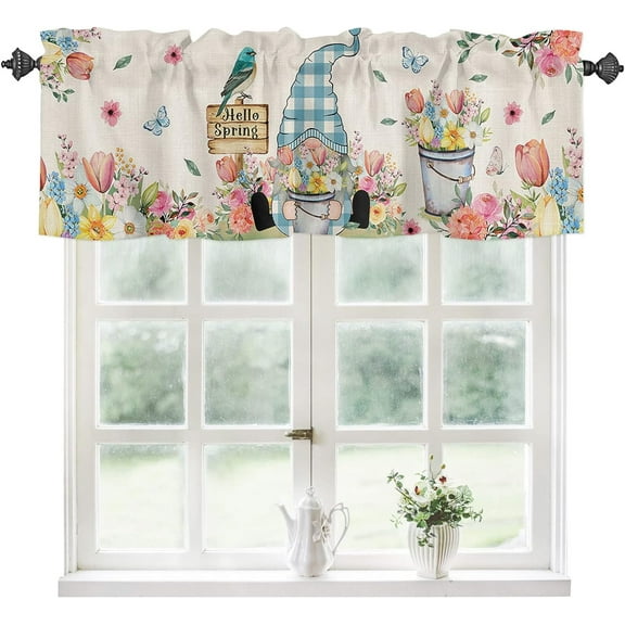 Kitchen Curtain Valance, Hello Spring Gnome Colorful Flower Tulip Vintage Watercolor Floral Bird Short Rod Pocket Window Curtain for Bedroom, Bathroom, 1 Panel, 54" W x 18" L