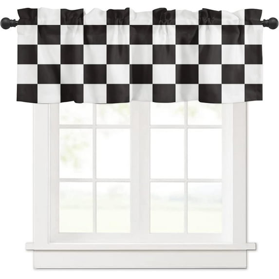 Kitchen Curtain Valance for Kitchen and Bathroom Room Darkening Rod Pocket Window Treatment Valance,Simple Black and White Checkered Flag 1 Panel, 54 x 18 Inch