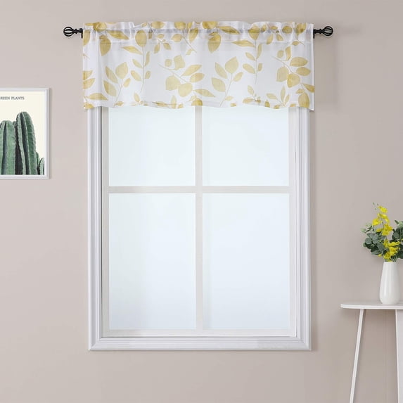 Kitchen Curtain Valance Leaves Printed, Floral Leaf Pattern Sheer Valance Curtains for Kitchen Cafe Curtains Linen Textured Look Bathroom Window Curtains, 52" W x 15" L, Yellow, 1xPanel