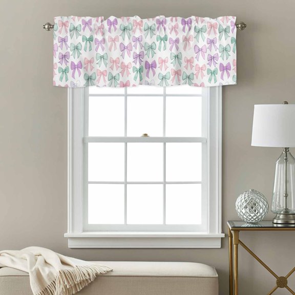 Kitchen Curtain Valance Purple Green Bow Rod Pocket Window Valances,Watercolor Bow-knot Small Windows Treatment for Living Room Bedroom,42"x12"