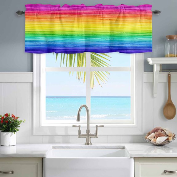 Kitchen Curtain Valance Rainbow Ripple Watercolor Gradient Light Filtering Rod Pocket Window Valances,Blue Green Orange Small Windows Treatment Panel for Living Room Bedroom Bathroom,54"x18"