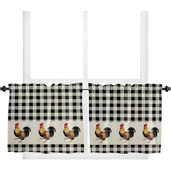 Kitchen Curtain Valance, Rooster Black Buffalo Check Plaid Vintage Farm Cock Chicken Short Rod Pocket Window Curtain Tiers for Bedroom, Bathroom, 2 Panel, 27.5" W x36 L