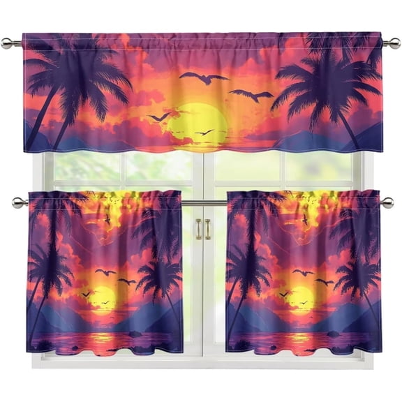 Kitchen Curtain and Valance Set Beach Coconut Tree Farmhouse Small Curtains Tier 24 Inch Length Sets Rod Pocket Blackout Window Drapes for Kitchen Bedroom Bathroom Cafe Decor