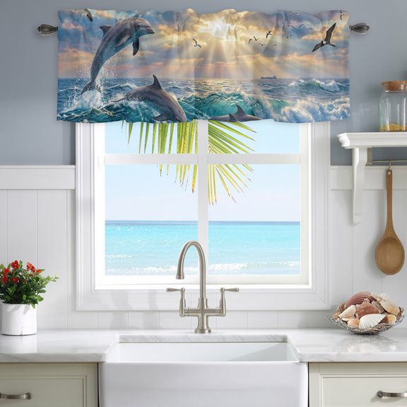 Kitchen Curtain Valance Summer Jumping Dolphins Seagull Light Filtering Rod Pocket Window Valances,Coastal Ocean Sceneric Small Windows Treatment Panel for Living Room Bedroom Bathroom,54"x18"