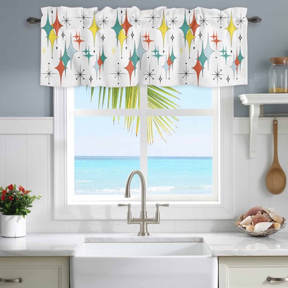 Kitchen Curtain Valance Teal Color Block Diamond Mid Century Light Filtering Rod Pocket Window Valances,Abstract Geometric Minimalist Art Small Windows Treatment for Living Room Bedroom,54"x18"