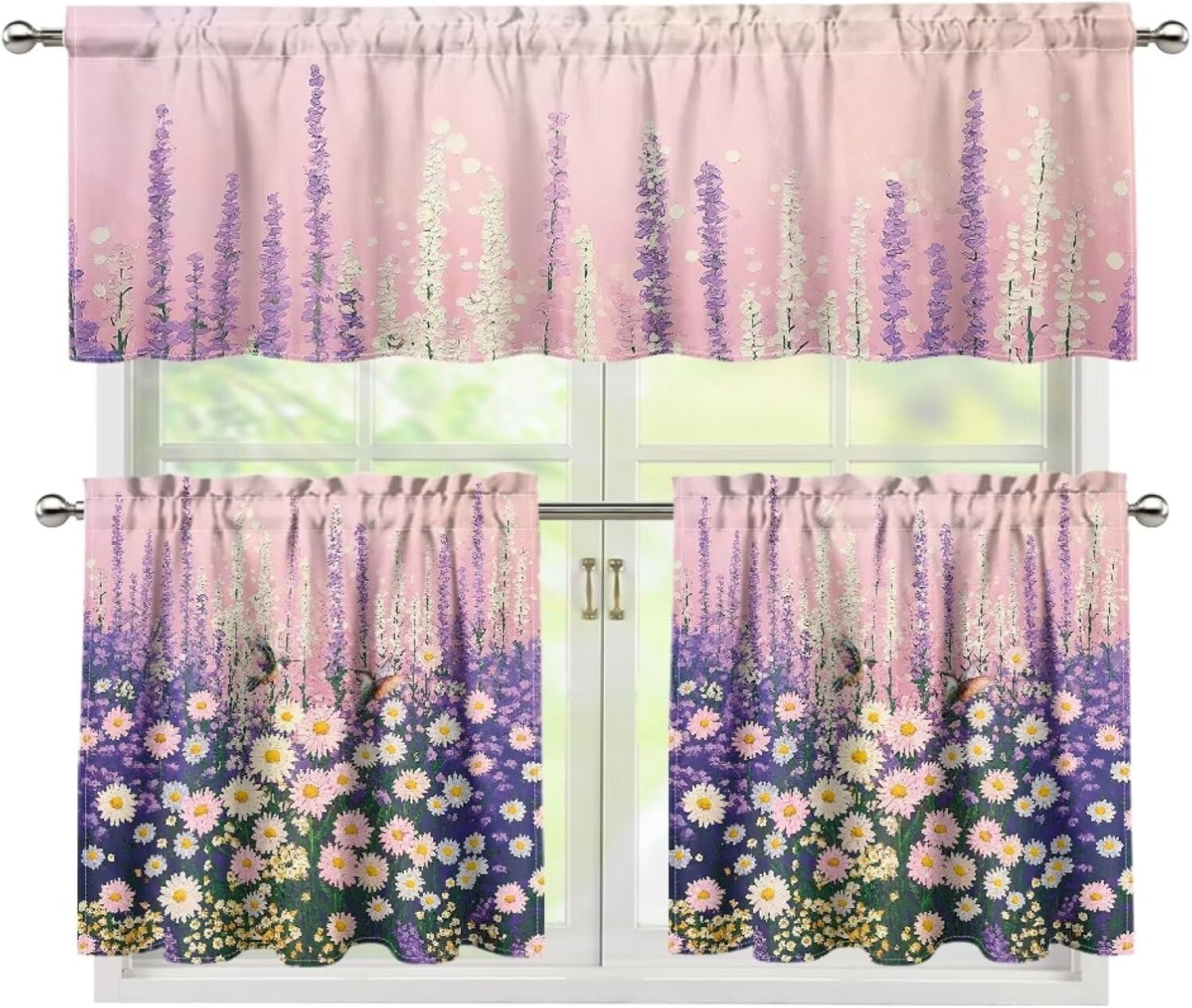 Kitchen Curtain Valance and Tiers Set of 3 Cottagecore Flower Bird ...