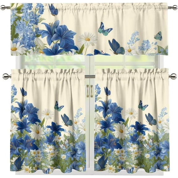 Kitchen Curtain Valance and Tiers Set of 3 Tier Curtains with Valance,Blue White Daisy Floral Butterflies Living Room Curtains Halloween Thanksgiving Decorations,54"x36"
