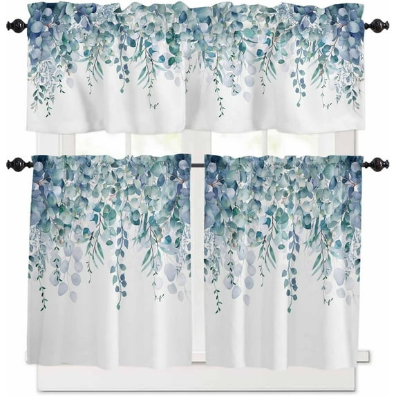 Kitchen Curtain Valance and Tiers Set Blue Eucalyptus 3 Pc Window Treatment Watercolor Leaves 3 Pieces Rod Pocket Valance Set for Small Windows 54 in x 36 in