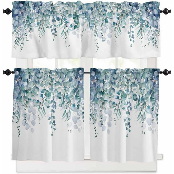 Kitchen Curtain Valance and Tiers Set Blue Eucalyptus 3 Pc Window Treatment Watercolor Leaves 3 Pieces Rod Pocket Valance Set for Small Windows 54 in x 36 in