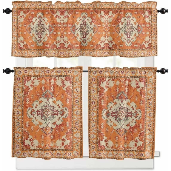 Kitchen Curtain Valance and Tiers Set Boho Bohemia 3 Pc Window Treatment Tribal Vintage Rustic Burnt Orange 3 Pieces Rod Pocket Valance Set for Small Windows Bedroom 54 in x 24 in