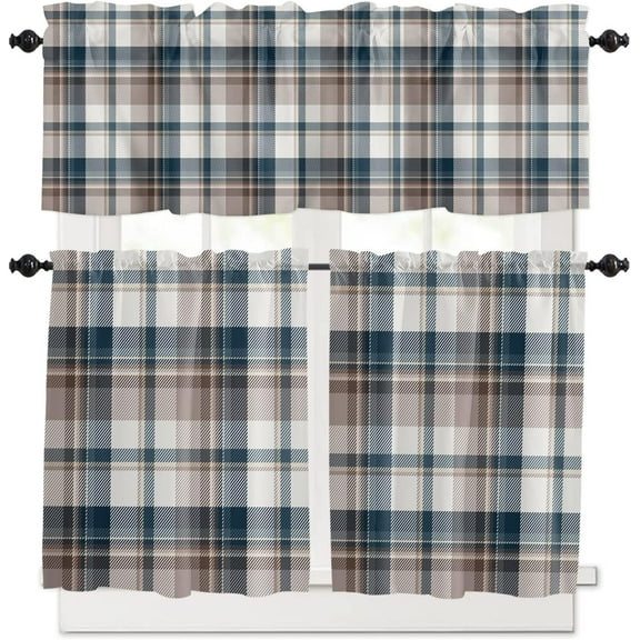 Kitchen Curtain Valance and Tiers Set Check Plaid Rod Pocket Kitchen Tier Curtain Valance Set 3 Piece Farmhouse Brown Blue Buffalo Plaid Window Curtain Valance Tier Set for Bedroom Bathroom 54x24 Inch