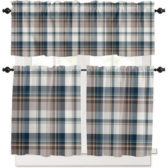 Kitchen Curtain Valance and Tiers Set Check Plaid Rod Pocket Kitchen Tier Curtain Valance Set 3 Piece Farmhouse Brown Blue Buffalo Plaid Window Curtain Valance Tier Set for Bedroom Bathroom 54x36 Inch