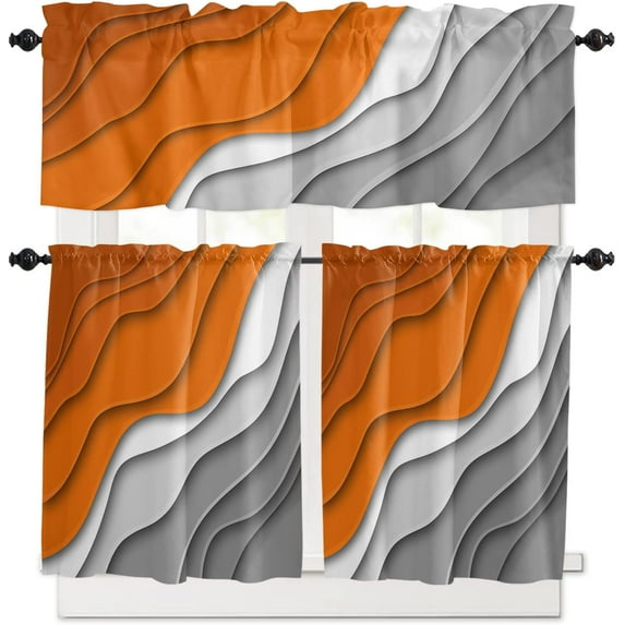 Kitchen Curtain Valance and Tiers Set Orange Grey Modern Geometric 3 Pc Window Treatment Abstract Ombre 3 Pieces Rod Pocket Valance Set for Small Windows Bedroom 54 in x 36 in