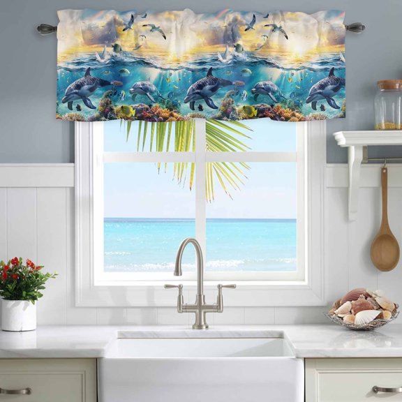 Kitchen Curtain Valance Underwater World Dolphins Seagulls Light Filtering Rod Pocket Window Valances,Tropical Ocean Marine Life Small Windows Treatment Panel for Living Room Bedroom Bathroom,54"x18"
