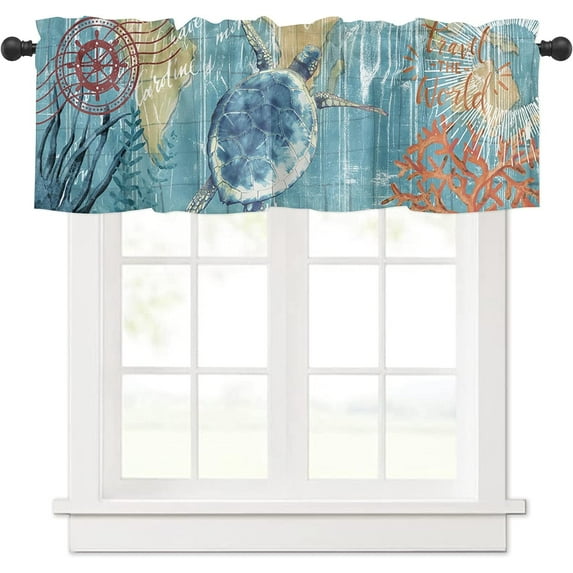 Kitchen Curtain Valance for Windows Kitchen and Bathroom Room Darkening Rod Pocket Window Treatment Valances,Nautical Theme Sea Turtle 1 Panel, 54 x 18 Inch
